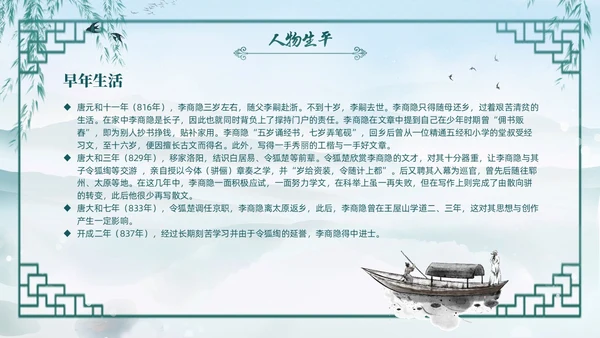 绿色水墨古风国潮古代诗人李商隐人物介绍PPT