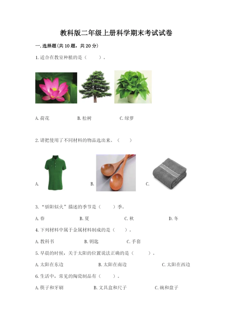 教科版二年级上册科学期末考试试卷（培优a卷）.docx