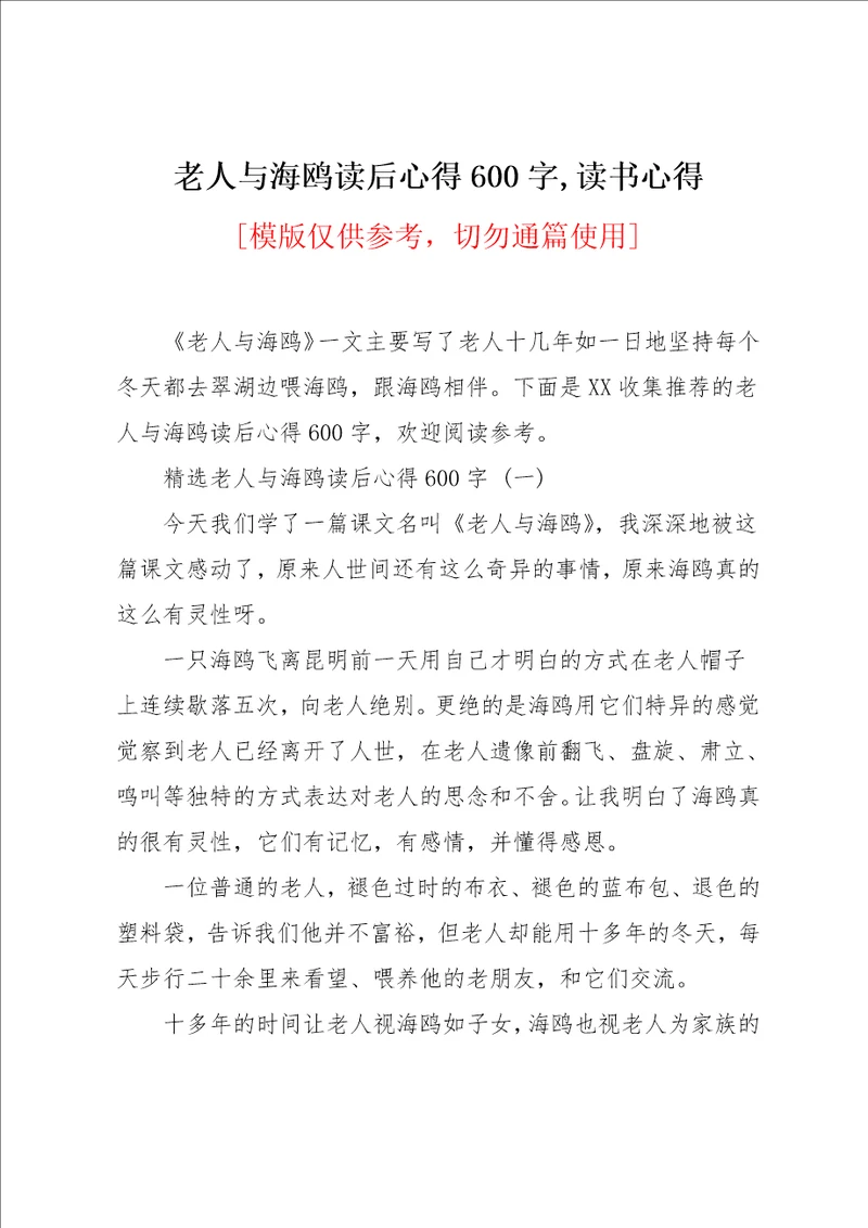 老人与海鸥读后心得600字