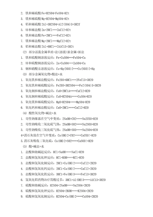 初中化合反应方程式汇总