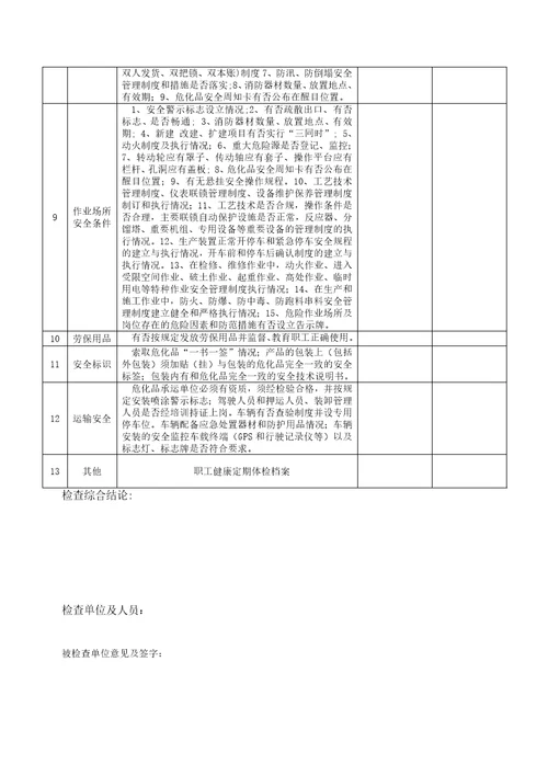 危险化学品使用企业安全生产检查表