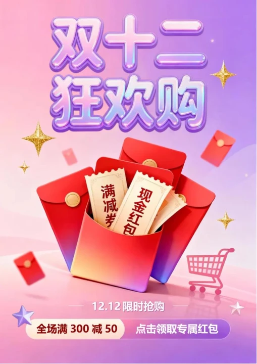 紫色渐变膨胀风电商促销双十二海报