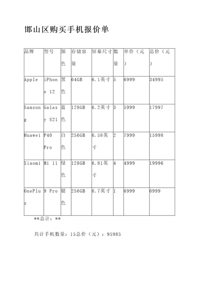 邯山区购买手机报价单