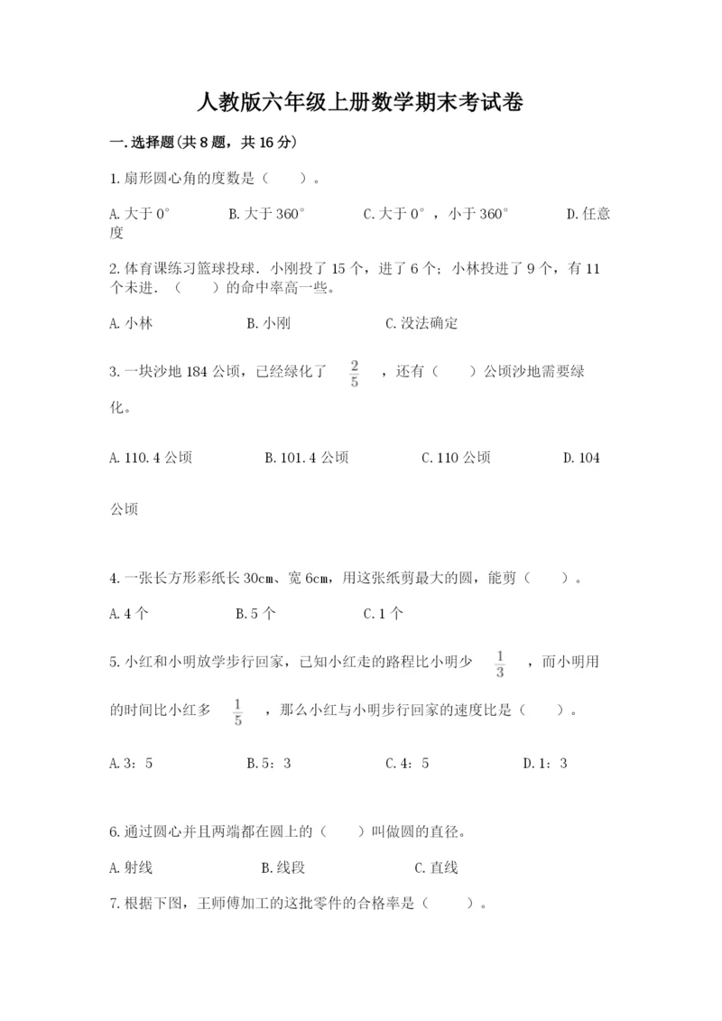 人教版六年级上册数学期末考试卷附答案（培优a卷）.docx