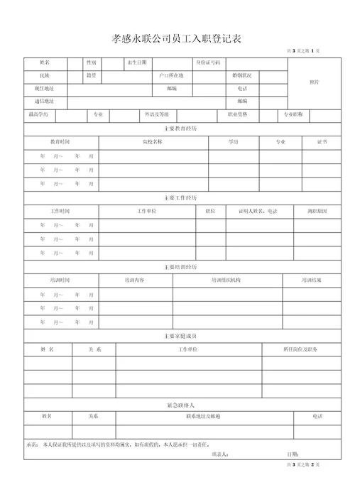 员工入职登记表经典范本