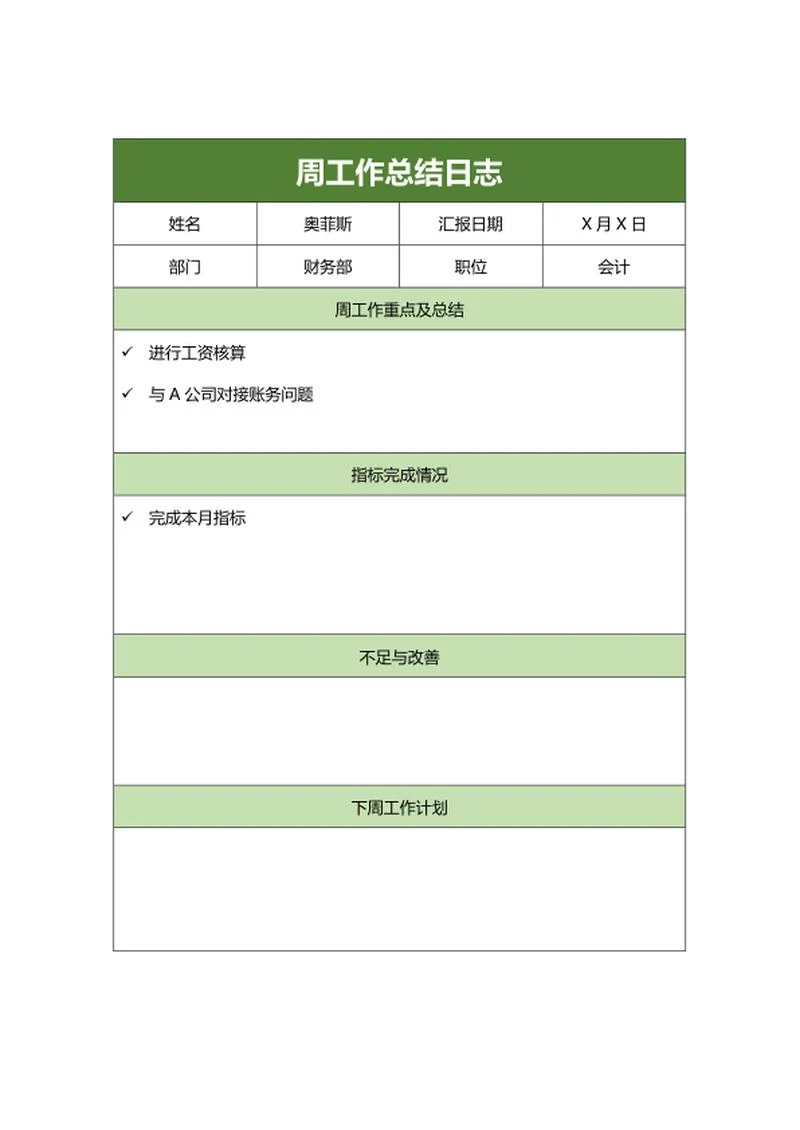 绿色周工作总结日志word模板