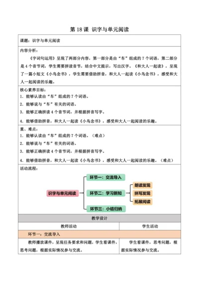 部编1A 第3单元 第18课 识字与单元阅读 教学设计