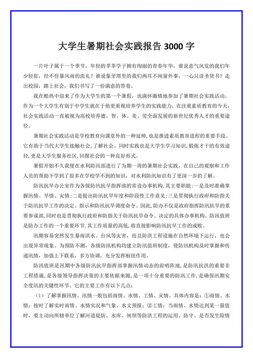 大学生暑期社会实践报告3000字