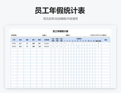 简约蓝色员工年假统计表