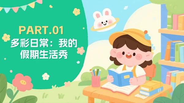 绿色可爱扁平卡通风小学生暑假生活PPT模板