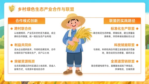 橙黄色插画风乡村绿色生态筑基振兴PPT主题模板