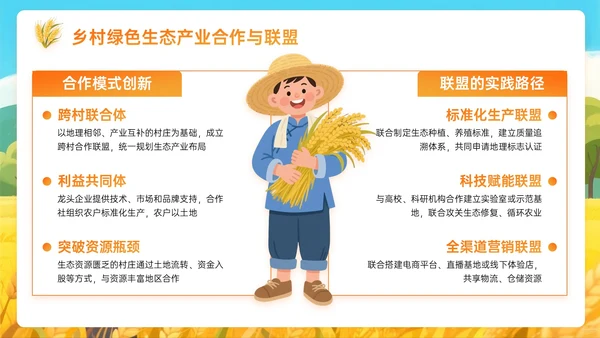 橙黄色插画风乡村绿色生态筑基振兴PPT主题模板