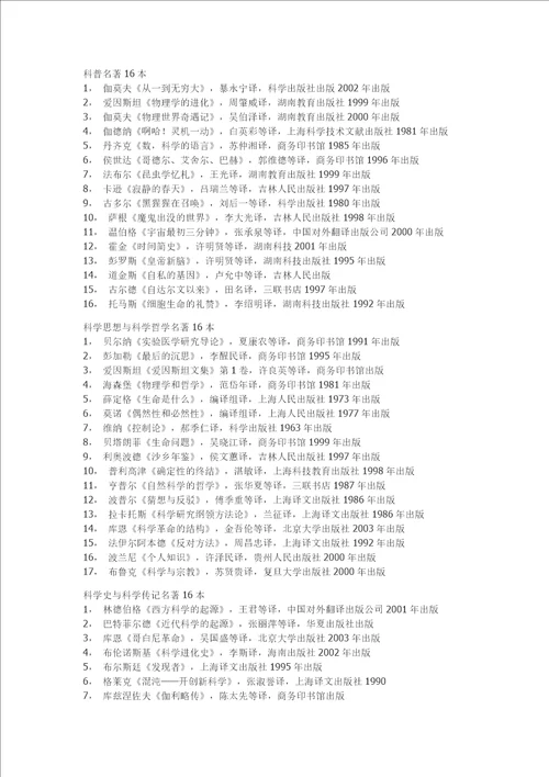 供大学生提高科学人文素养的60部西学名著