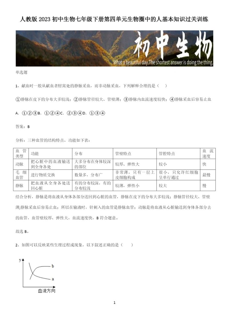人教版2023初中生物七年级下册第四单元生物圈中的人基本知识过关训练.docx