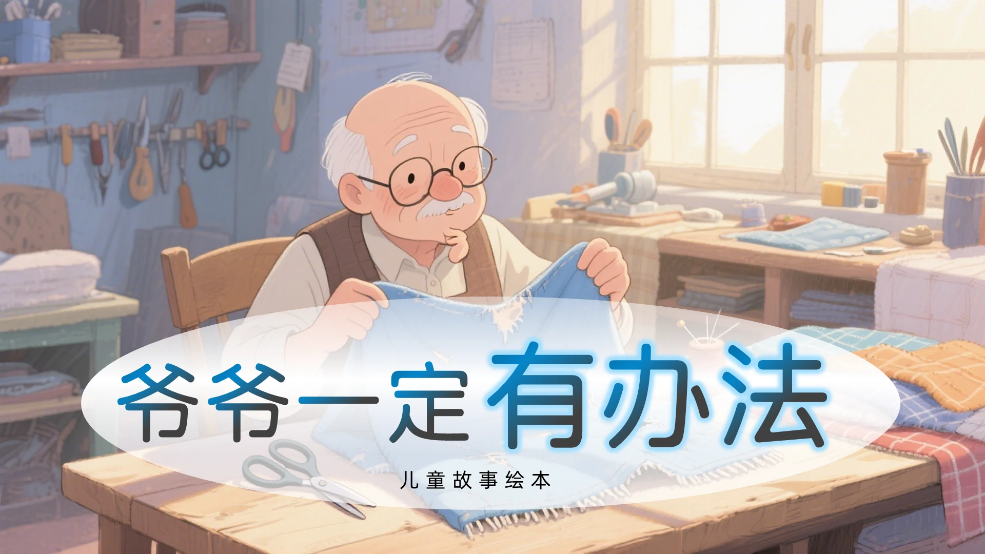 蓝色卡通爷爷一定有办法儿童故事绘本绘本故事PPT