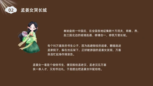 深棕色水彩插画孟姜女哭长城说课PPT课件神话故事