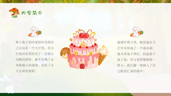 绿色插画卡通爱丽丝梦游仙境读书分享会PPT