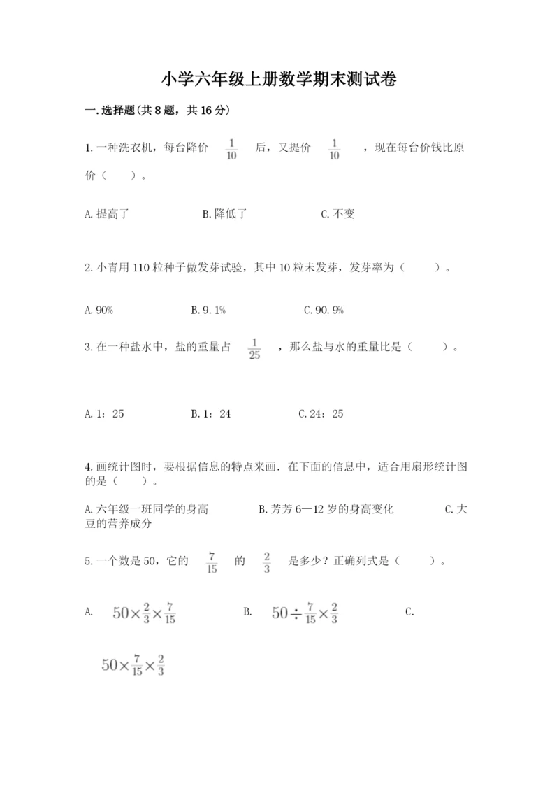 小学六年级上册数学期末测试卷（突破训练）word版.docx