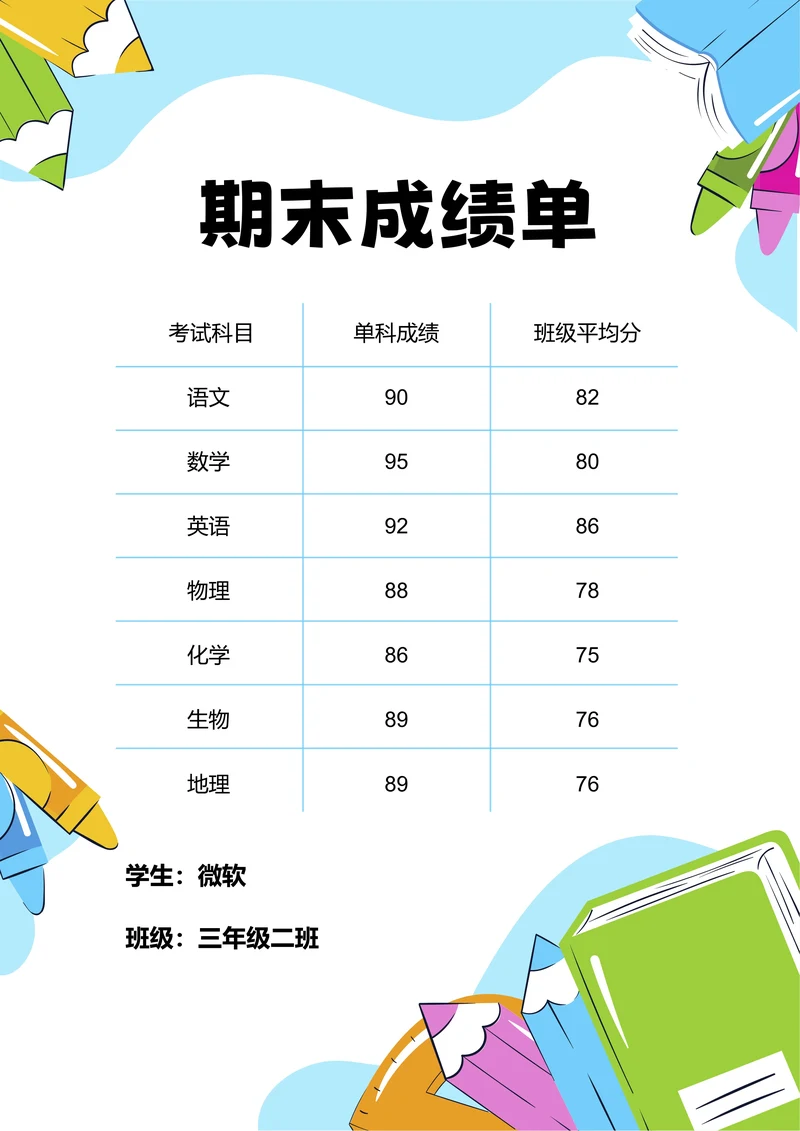 蓝色卡通插画期末成绩单
