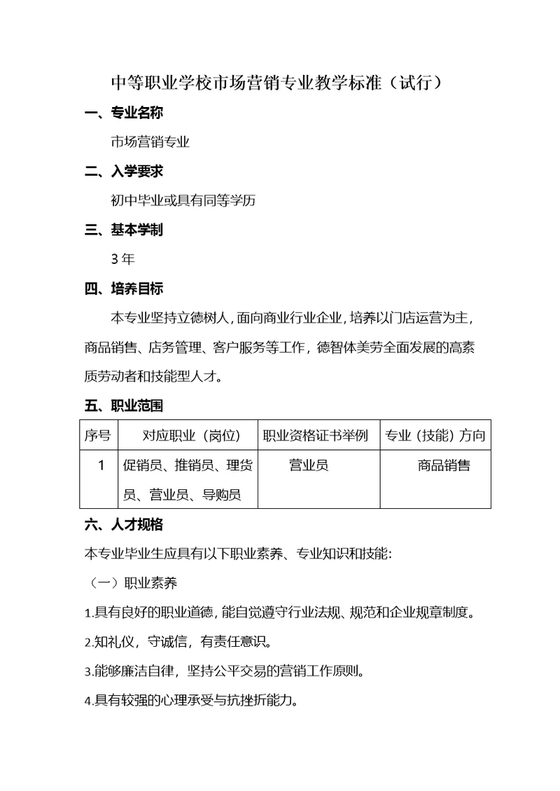 中等职业学校市场营销专业教学标准定稿