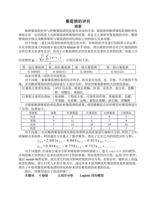 葡萄酒的评价—全国数学建模大赛优秀论文