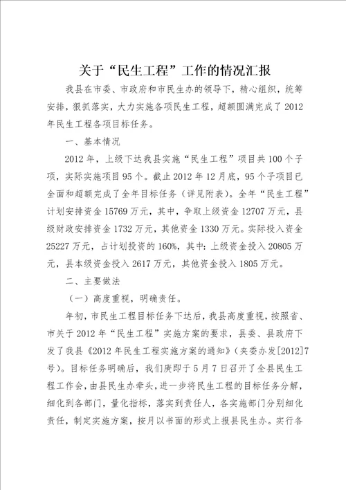 关于“民生工程工作的情况汇报