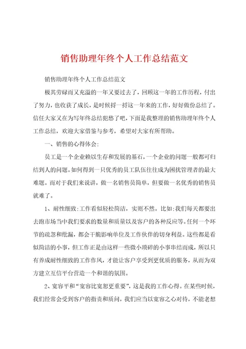 销售助理年终个人工作总结范文