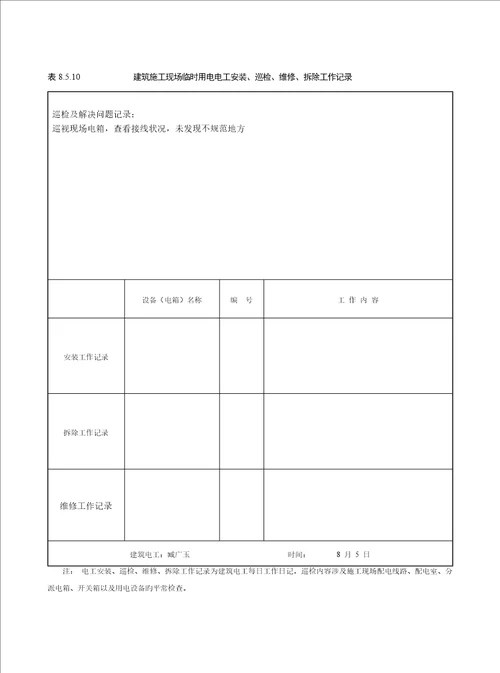 表优质建筑综合施工现场临时用电电工安装巡检维修拆除工作记录