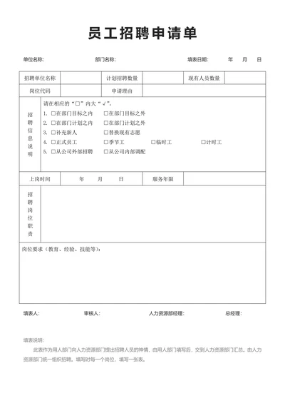 人事表格员工招聘申请单
