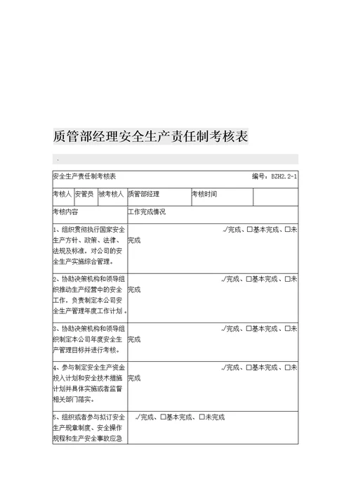 安全生产领导小组组长车间主任工人生产部经理安全生产责任制考核表模板范例