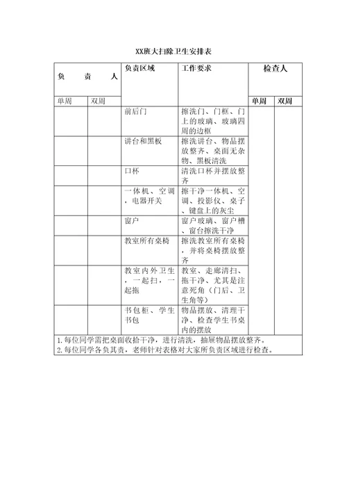 班级劳动值日表及卫生安排表