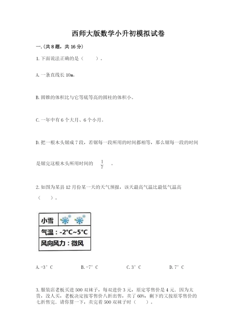 西师大版数学小升初模拟试卷（夺分金卷）.docx