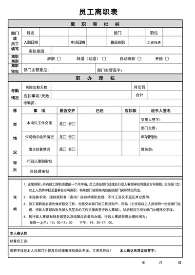 员工离职表word模板