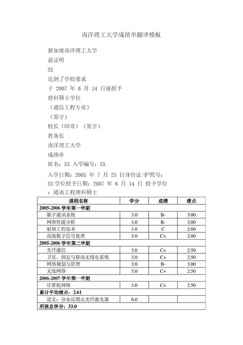 南洋理工大学成绩单翻译模板