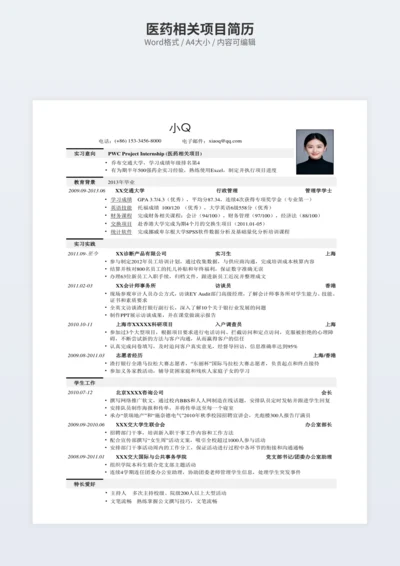 医药相关项目简历
