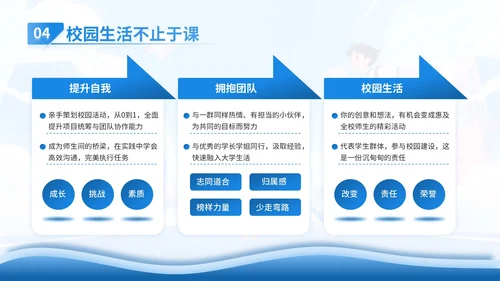 蓝色插画风学生会招新PPT模版