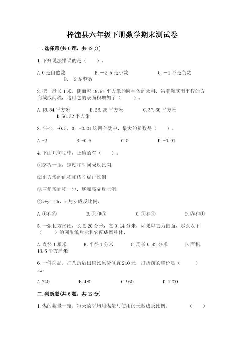 梓潼县六年级下册数学期末测试卷及参考答案1套.docx