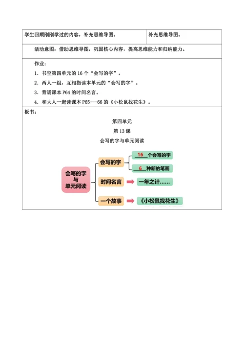 部编1A 第4单元 第13课 会写的字与单元阅读 教学设计