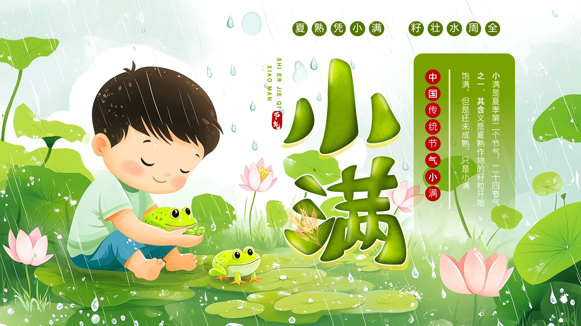 绿色插画风小满节气主题介绍PPT