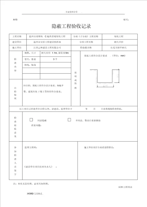 绿化隐蔽工程验收记录文本
