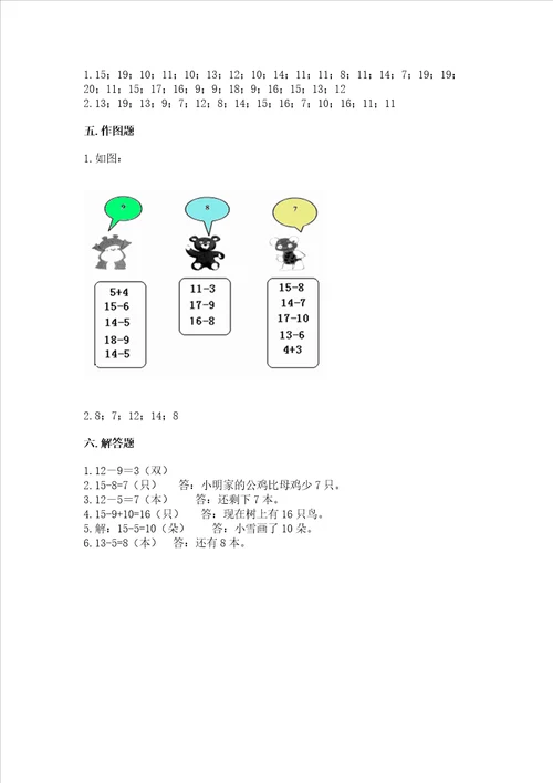 冀教版一年级上册数学第九单元 20以内的减法 测试卷各地真题word版