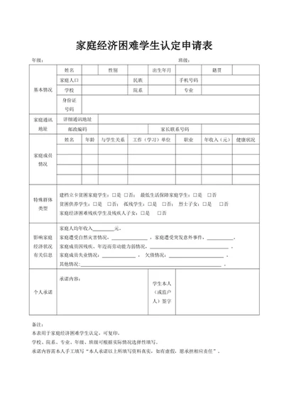 家庭经济困难学生认定申请表