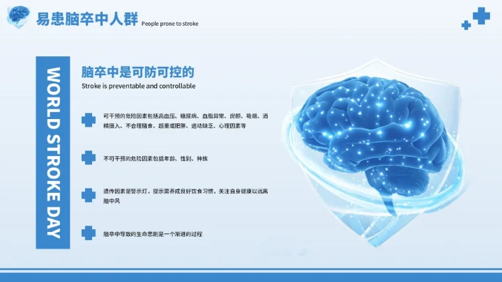 蓝色创意世界脑卒中预防PPT模板