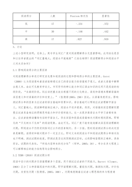 TEM8阅读理解得分率与应试者词汇广度的相关性分析-以2010TEM8阅读测试为例.docx