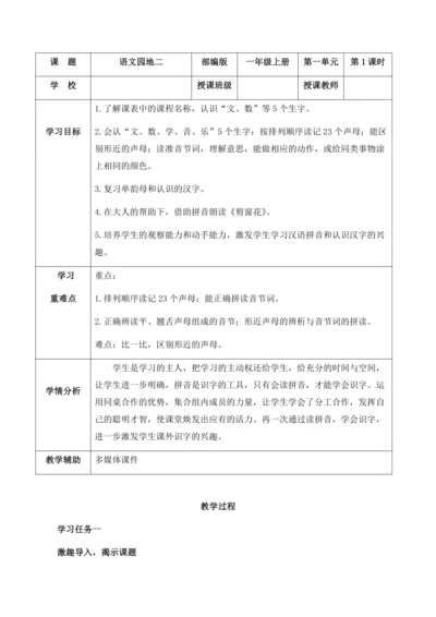 统编版一年级上册汉语拼音&#8250;语文园地二（教学设计）-