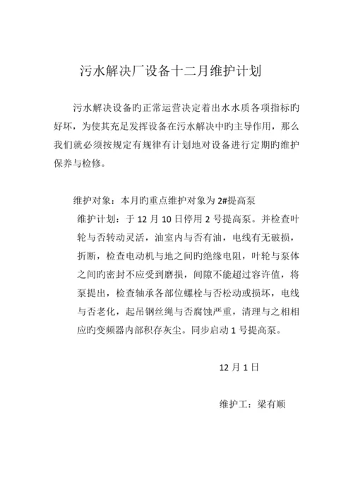 污水处理厂设备每月维护计划.docx