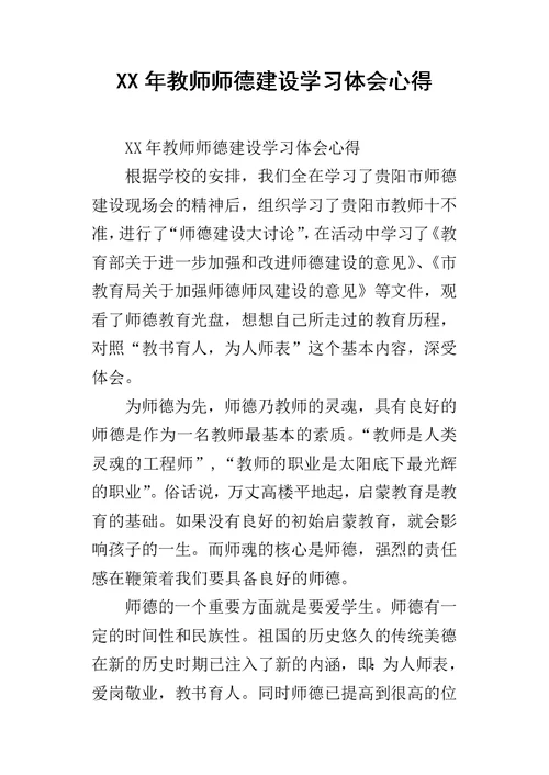 XX年教师师德建设学习体会心得