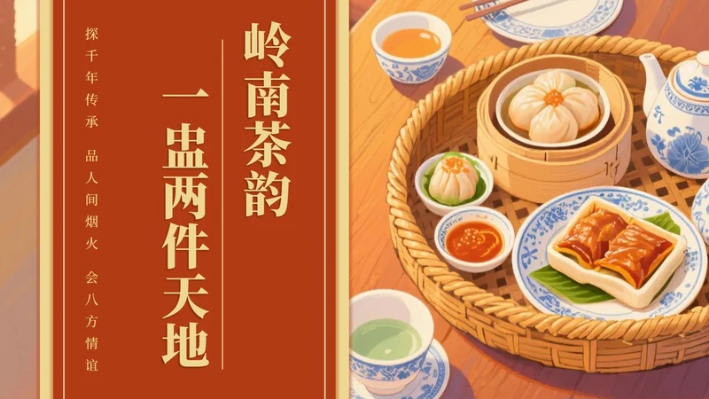 红黄中国风广式早茶家乡推荐PPT模板