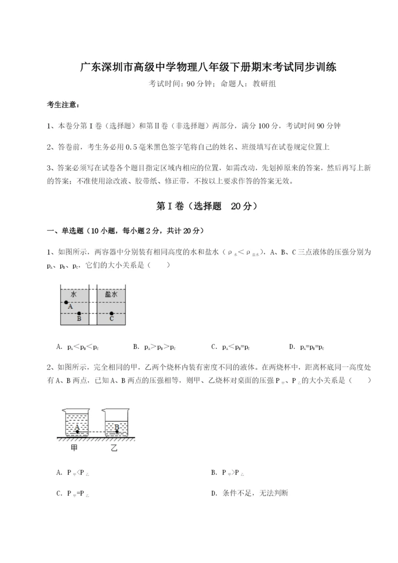 基础强化广东深圳市高级中学物理八年级下册期末考试同步训练试题（详解）.docx