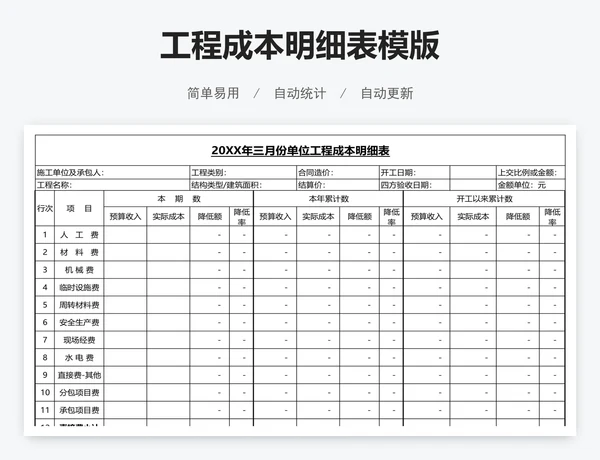 工程成本明细表模版